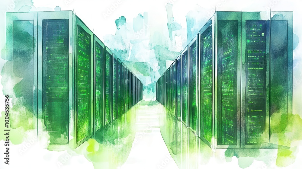 Aufkleber a vibrant digital landscape showcasing server racks in a modern data center illuminated with green l