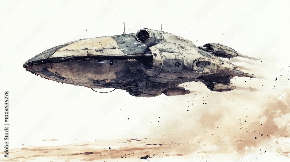 Poster futuristic spacecraft soaring over a dusty alien landscape, showcasing intricate design during a bri