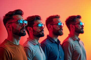 row group of person in glasses standing with gradient orange background, generative AI