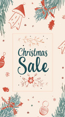 Christmas gifts stacked with Christmas sale sign in center, holiday background