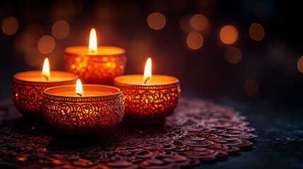 Warm glowing candles arranged in a floral mandala pattern, creating a vibrant celebration of light, perfect for festive occasions and tradition.