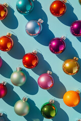 colorful Christmas ornaments arranged in an array on a light blue background, shot from above. The scene is captured with an aesthetic style reminiscent of vibrant and playful pop art