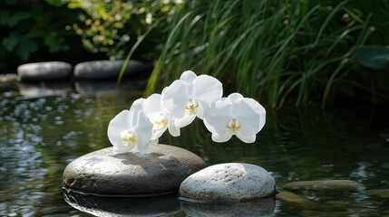 Fototapeta premium White orchid flowers rest on balanced stones, reflecting the surrounding greenery and water, creating a calming and harmonious atmosphere ideal for spa settings