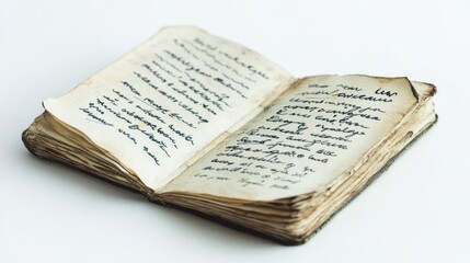 An antique open book displaying handwritten text with yellowed pages resting on a white surface in natural light