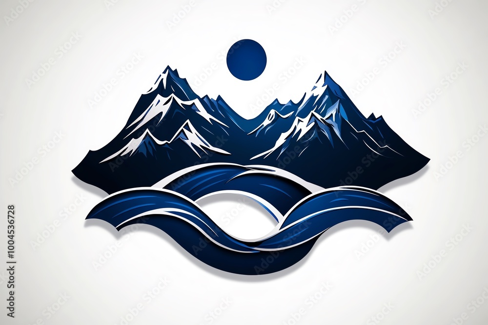 Poster minimalist mountain landscape, with clean lines representing towering peaks and flowing rivers in a 