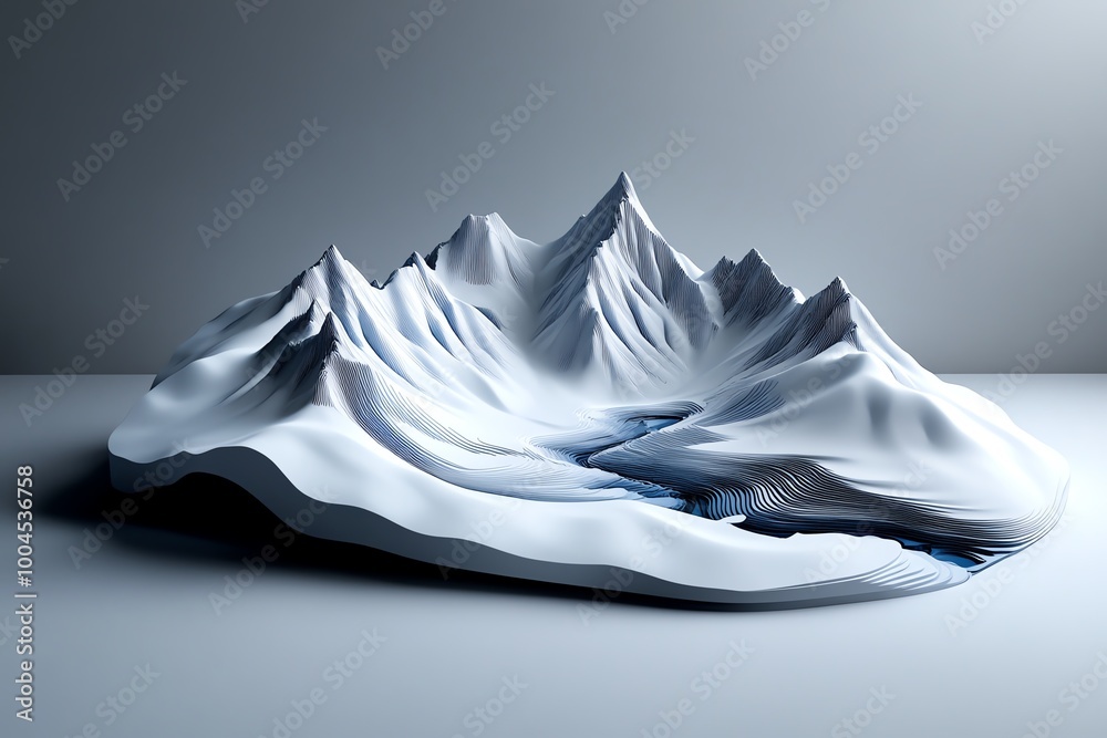 Poster minimalist mountain landscape, with clean lines representing towering peaks and flowing rivers in a 