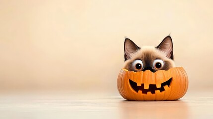 Cute cat peeking from a carved pumpkin with big eyes, festive Halloween spirit.