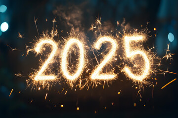  fireworks display forming the numbers "2025" in white, set against an evening sky backdrop