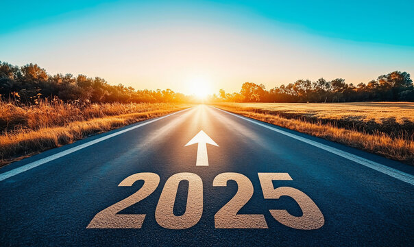 The number "2025" is written on the asphalt road, leading to an open and clear sky with a rising sun, symbolizing hope for the new year. 