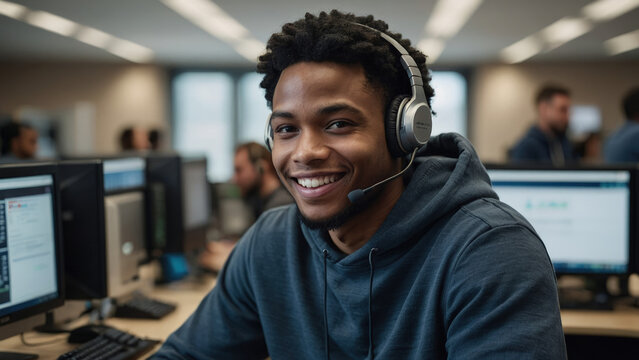 Smiling African American Call Center Agent Wearing Headset in Tech Support Office