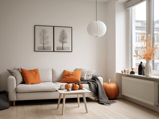 Scandinavian minimalist interior in light color with orange and black accents. Room decorated for halloween. White walls and orange interior with pumpkin accent.