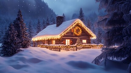 A 3D snow-covered cabin with Christmas lights strung around the roof
