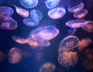 A high-resolution macro lens photograph featuring a multitude of jellyfish underwater