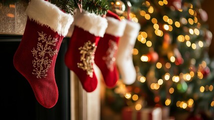 Red and White Christmas Stockings Hanging by a Fireplace