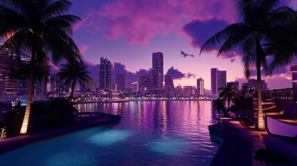 Obraz premium A stunning sunset view over a vibrant city skyline with palm trees along the water in Miami, showcasing evening lights and reflections