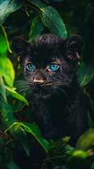 A black cat with blue eyes sitting in the leaves