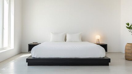 A serene minimalist bedroom with white walls, floating black nightstands, and a simple king-size bed. The nightstands hold a single lamp, with nothing else on the surfaces