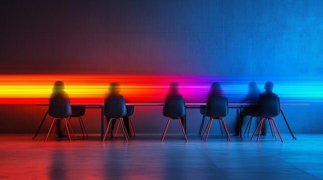 A corporate meeting room with blurred figures coming in and out, illustrating the constant flow of ideas, strategies, and actions that drive team success.