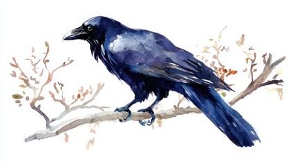 A detailed watercolor depiction of a raven perched on a branch amidst subtle natural elements in a serene environment