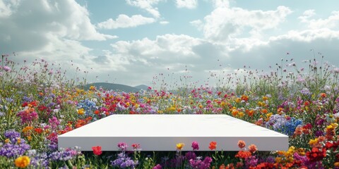 Obraz premium A white platform surrounded by colorful wildflowers, creating a tranquil natural scene, copy space