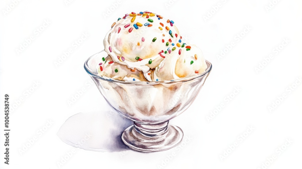 Aufkleber a glass bowl filled with three scoops of vanilla ice cream topped with colorful sprinkles on a brigh
