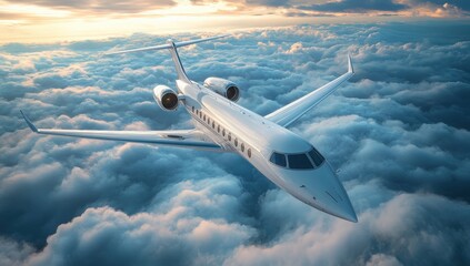 Fototapeta premium A white airplane glides through the clouds at sunset over a tranquil sky