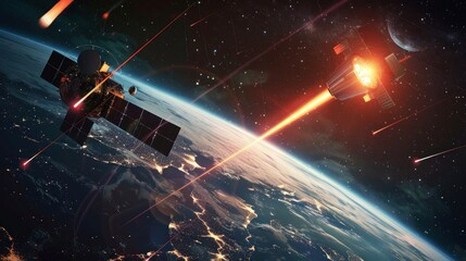 3D VFX graphics of satellite attacking another satellite with laser weapon in space on Earth planet orbit. Nuclear war and armed aggression.