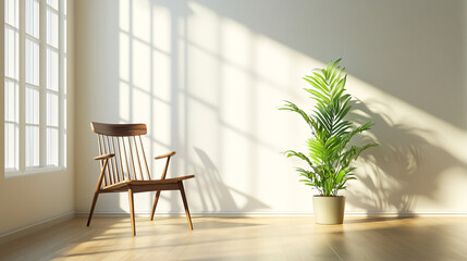 A simple living room with a single wooden chair and a small, green plant placed next to it, emphasizing natural light through large windows