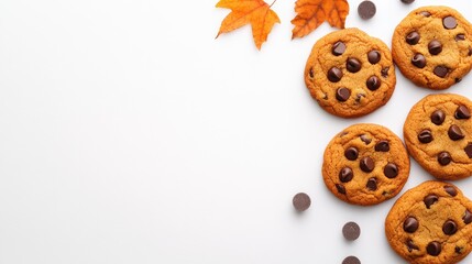 Freshly baked pumpkin chocolate chip cookies are beautifully arranged on a white surface, surrounded by chocolate chips, creating a warm and inviting autumn vibe