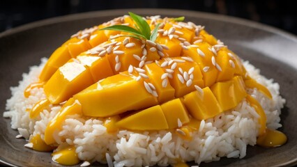 Mango with rice is sprinkled with toasted sesame seeds on top and everything is liberally sprinkled with coconut cream.