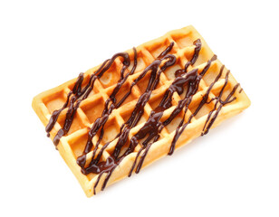 Delicious Belgian waffle with melted chocolate isolated on white, above view