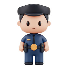 Fototapeta premium 3D cartoon-style illustration of a police officer character. Character is depicted in blue uniform with a cap, smiling and designed in cute, minimalist style. Isolated on transparent background, png.
