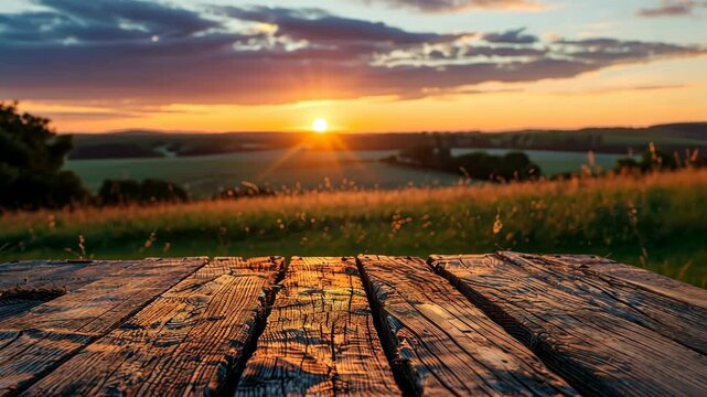 A wooden table sits overlooking a field at sunset