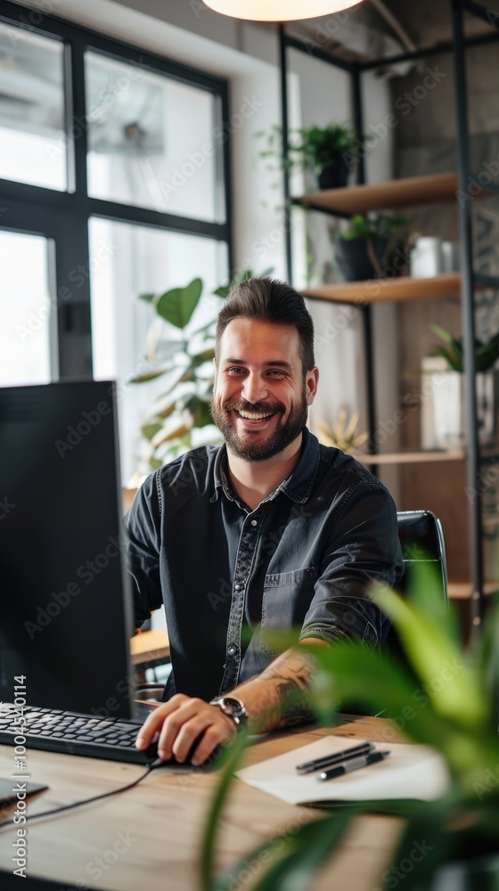 Leinwandbilder a man is sitting at a desk with a computer and smiling