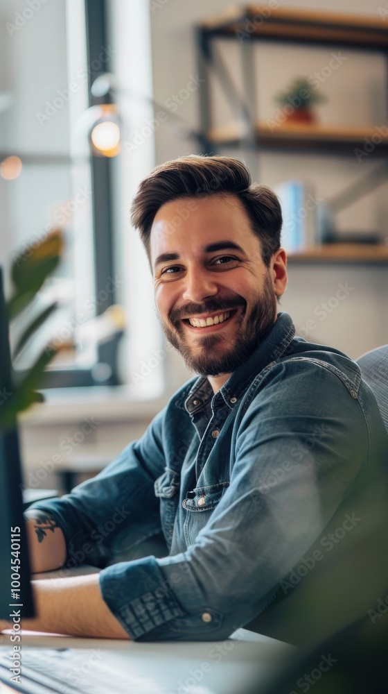 Aufkleber a man with a beard is smiling and sitting at a desk with a laptop