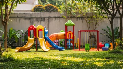 A colorful playground with a slide, swings, and other play equipment set up in a grassy backyard with a concrete wall in the background, 
