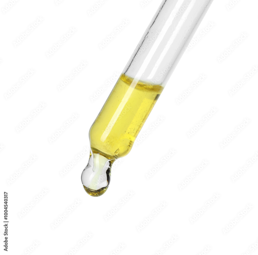 Poster Dripping essential oil from pipette on white background