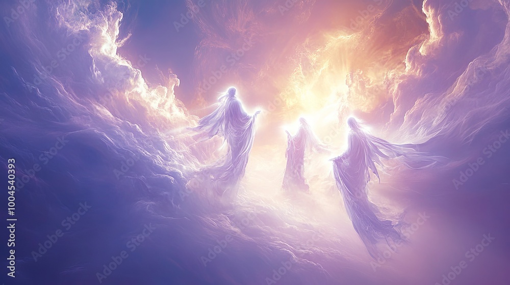 Poster ethereal beings in a luminous sky above dreamy clouds during twilight, representing spiritual connec