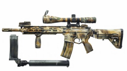 A modern carbine with an optical sight and a silencer. Weapons in camouflage coloring. Isolated on white background.,