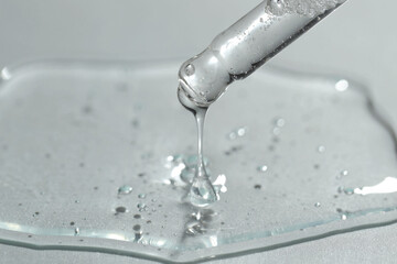 Dripping cosmetic serum from pipette on light background, closeup