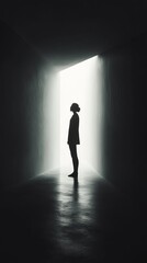 Fototapeta premium silhouette of a woman in a dark hallway with light in the background, minimalist concept