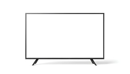 Naklejka premium A modern flat-screen television mockup with a sleek black frame and stand, placed on a plain white background