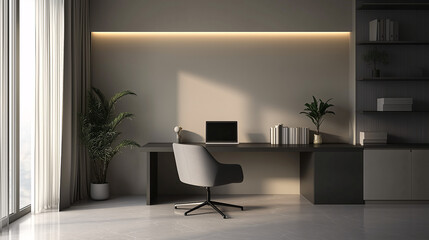 Fototapeta premium A sleek, empty home office with only a laptop on a black desk in a room with neutral walls and ample negative space