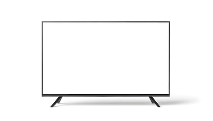Naklejka premium A modern flat-screen television mockup with a sleek black frame and stand, placed on a plain white background