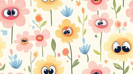 Colorful floral pattern with cheerful cartoon flowers featuring big eyes against a light background in a playful design