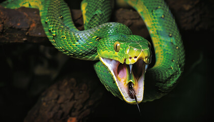 Fototapeta premium magnificent poisonous green snake with its open, treacherous mouth hanging from a branch in the dark