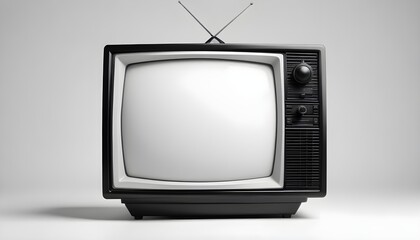 A retro CRT television mockup with a sleek black frame and stand, placed on a plain white background