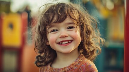 Fototapeta premium Happy child enjoying time at a colorful playground on a sunny afternoon with friends laughing and playing around