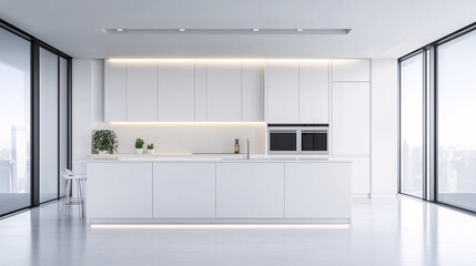 A sleek, modern kitchen with all-white cabinets, countertops, and backsplash. Minimalistic design with no visible appliances, emphasizing clean lines and a pristine look