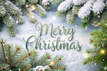 Obraz premium Festive greeting card design with a Merry Christmas message surrounded by frosted evergreen branches and twinkling lights. Generative AI